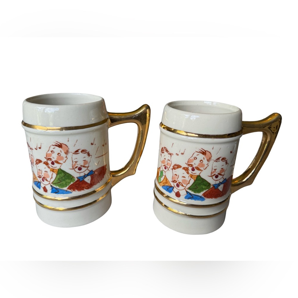 Vintage 22 Ounce Barber Shop Quartet Ceramic Beer Mug/Stein Gold Handle Set Of 2